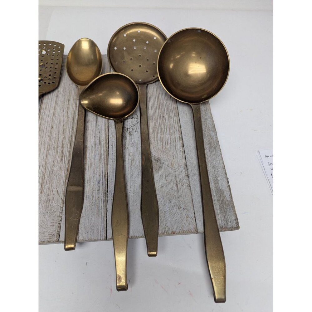 Brass Vintage Set 6 Utensils With Hanger Strainer Ladle Spatula French Country - Picture 3 of 7